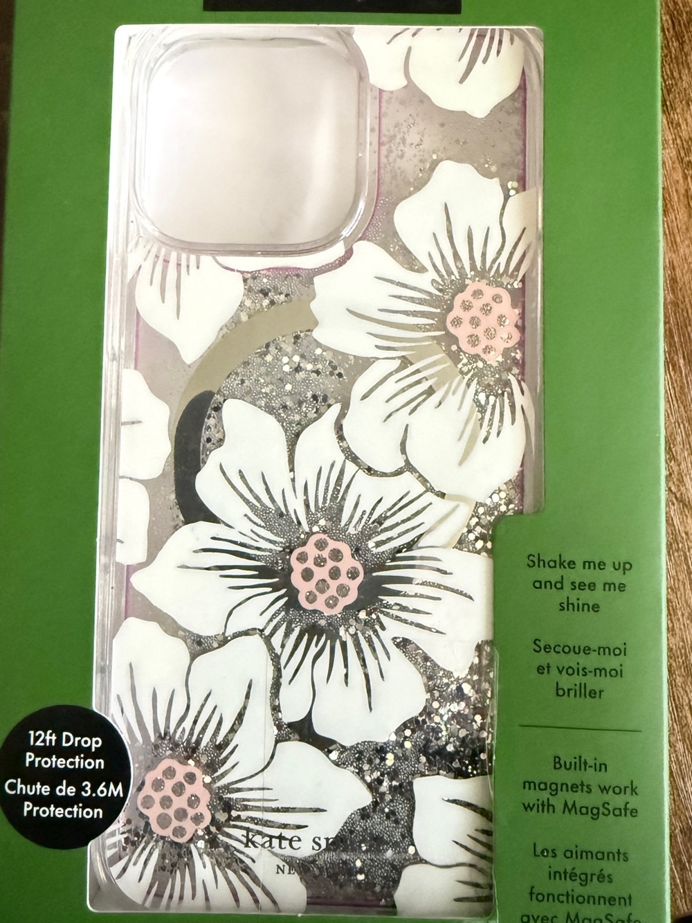 kate spade White Floral Glitter Liquid iPhone Case with Pink Accents